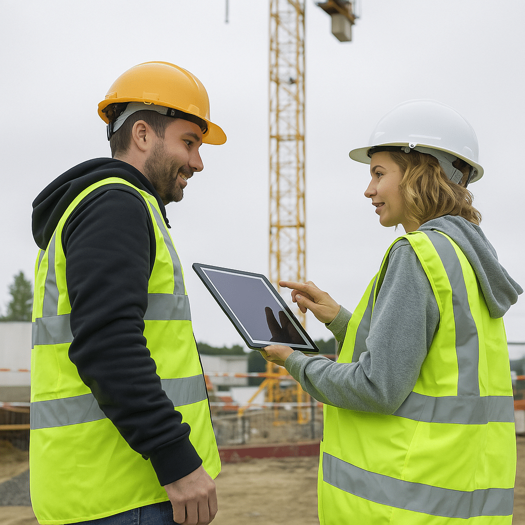 Professionnels échangeant sur un chantier